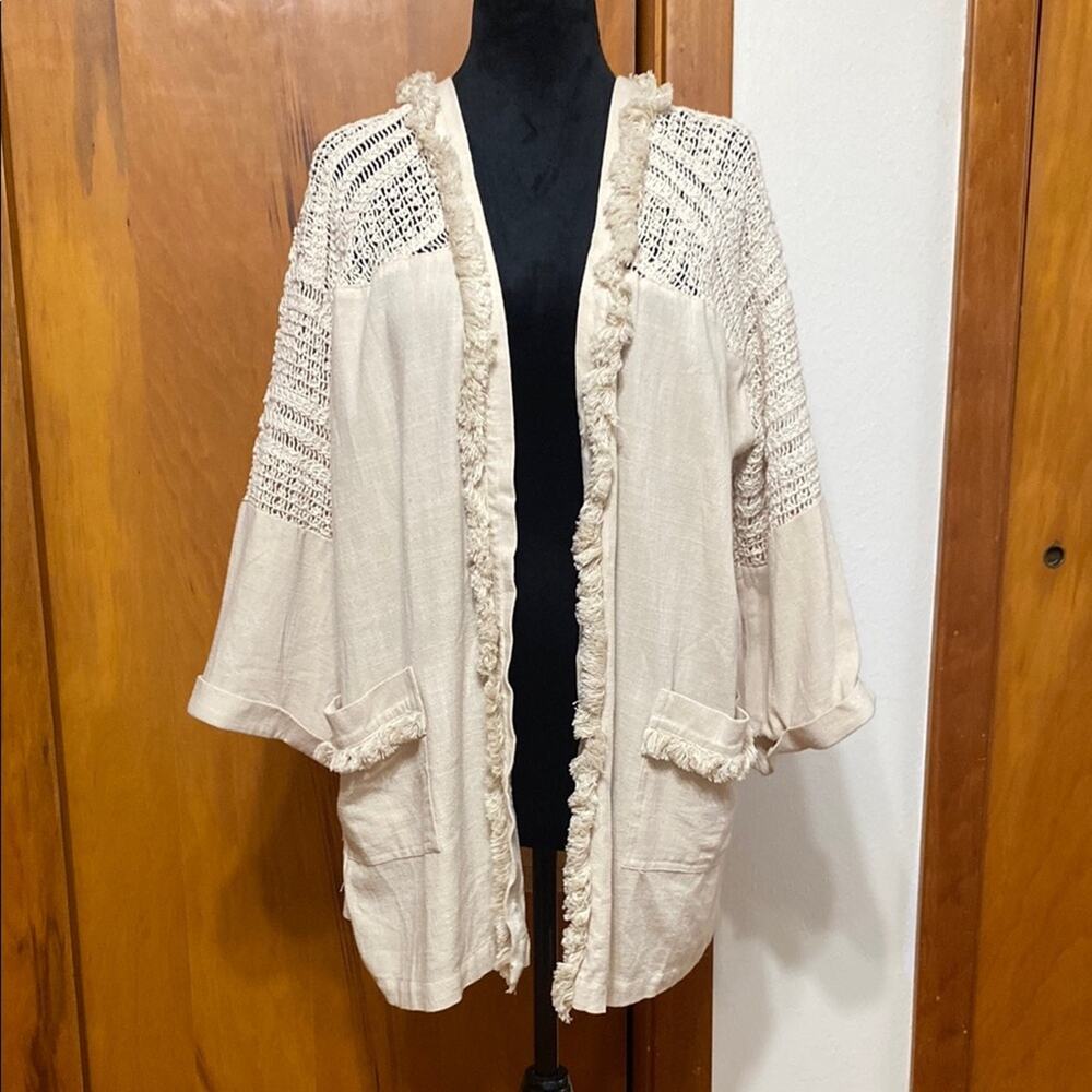 Doe & Rae Beige Crochet & Fringe Detail 3/4 Sleeve Open Cardigan Pockets Cottage